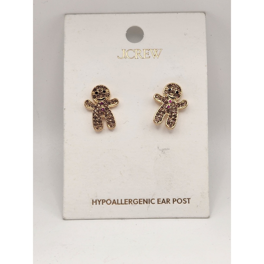 J.Crew Gingerbread Man Pavé Crystal Stud Earrings Gold Tone Holiday CQ092 NEW